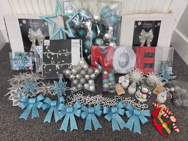 Large Bundle of Christmas Decorations – Blue, Silver & Red