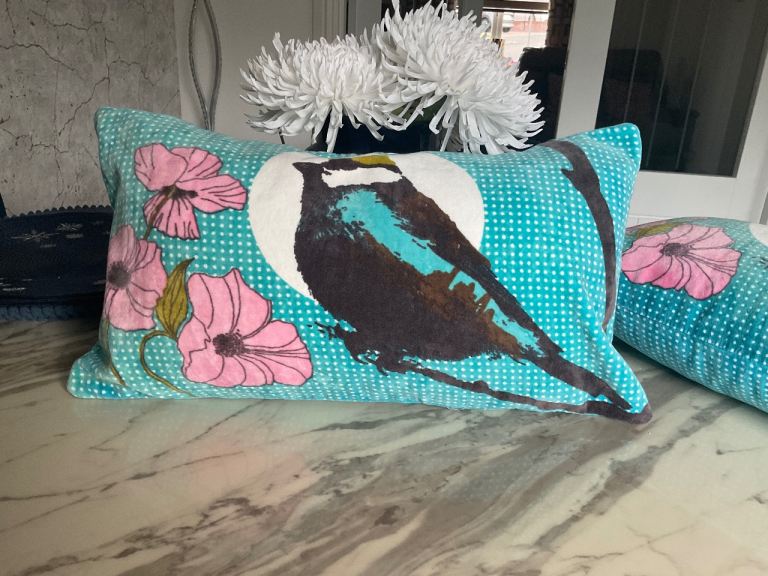 H&M Home blue tit Bird and Flower Pattern Cushions - Set of Two
