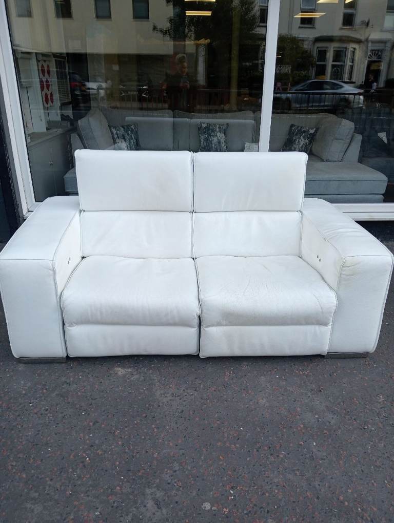 White Italian leather electric reclining 2 seater sofa 