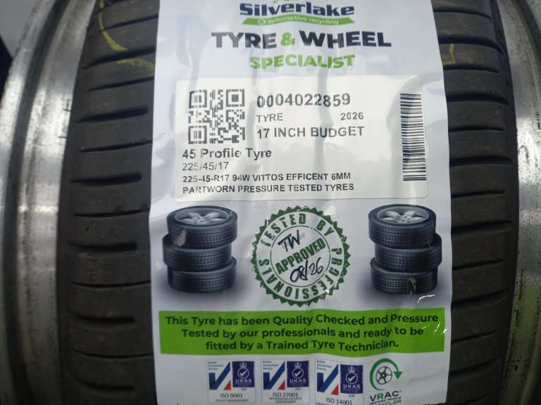 225-45-R17 94w Vittos Efficent 6mm Partworn Pressure Tested Tyres