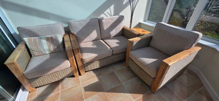 Conservatory sofa, and chairs - wicker and wood
