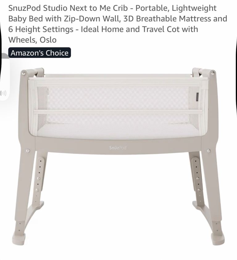 SnuzPod Studio Next to Me Crib - Portable, Lightweight Baby Bed with Zip-Down Wall