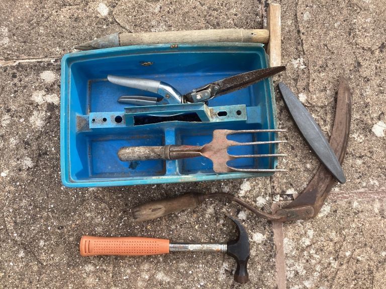 Collection of Used Garden and Hand Tools with Blue Tray