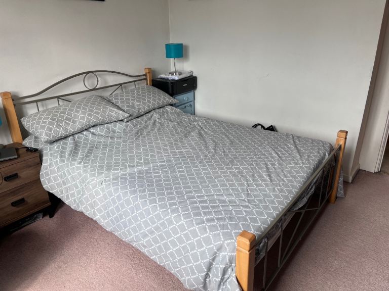 Double Bed Frame with Wooden Posts – Good Condition