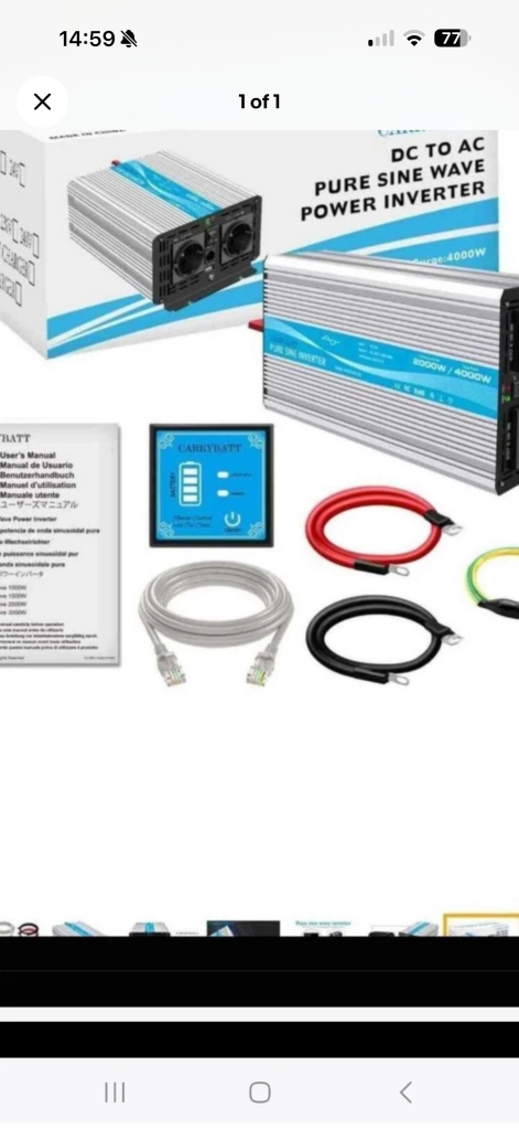 CARRYBATT Pure Sine Wave Inverter 2000W Power Inverter 24V DC to 230/240V AC 2pb