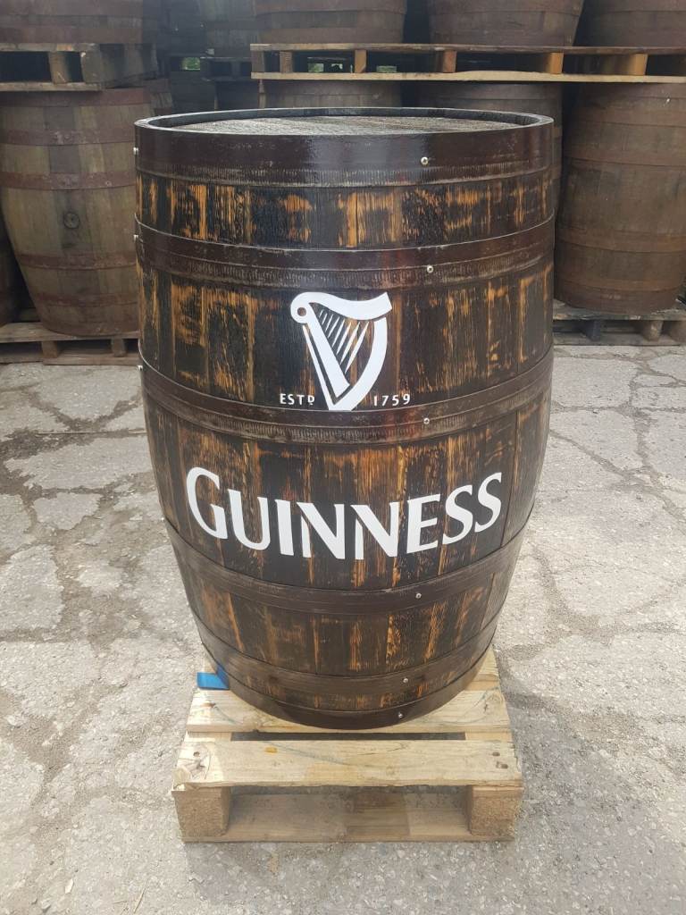 OAK WHISKEY BARREL VARNISHED WITH GUINNESS LOGO 40 GALLON DELIVERY AVAILABLE BAR MAN CAVE PUB TABLE