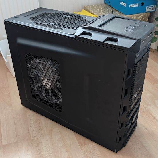 Fully running PC built in a Cooler Master PC case.
