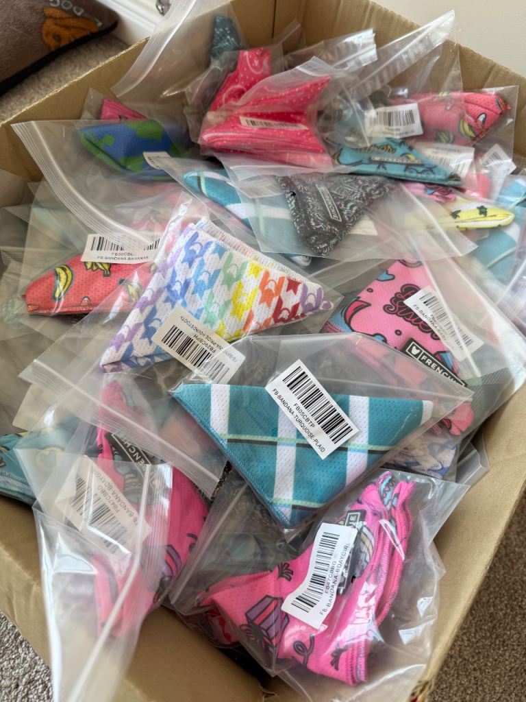 Job lots of Frenchie cooling dog bandanas