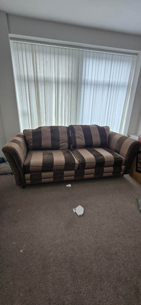 Two-Seater Fabric Sofa – Brown Stripes, Good Condition
