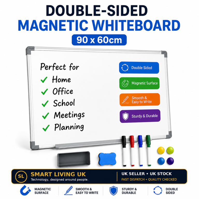 90x60cm Double-Sided Magnetic Whiteboard with Pens, Magnets & Eraser- BRAND NEW
