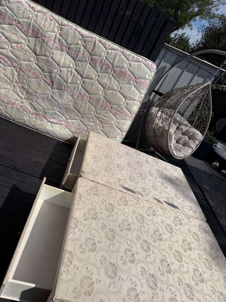 Cream Double Bed Base with Storage Drawers & Mattress