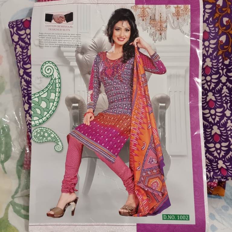 Cotton. Asian dress Pakistani. Unstitched. Purple orange churidhar. 3 piece suit