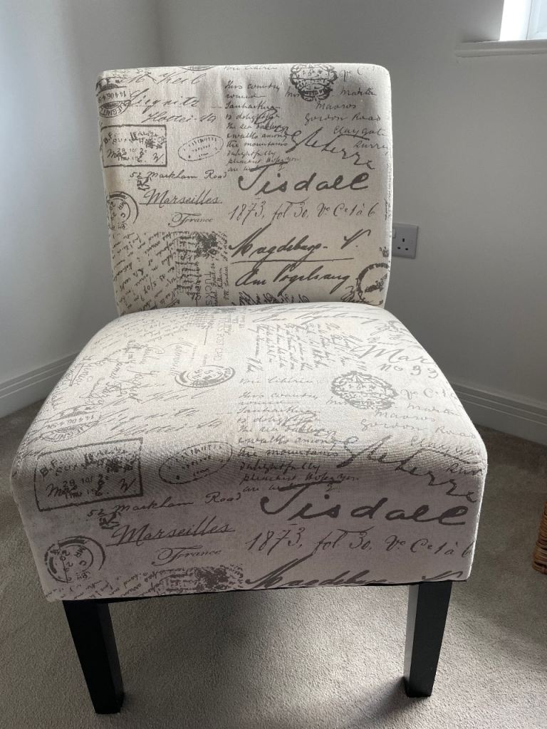 Cream and Grey Upholstered Chair with Script Pattern – Good Condition