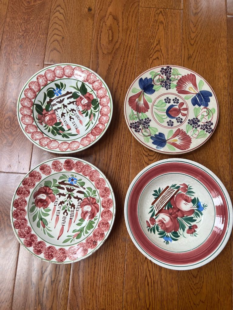 4 antique Hungarian hand painted plates / sponge ware 