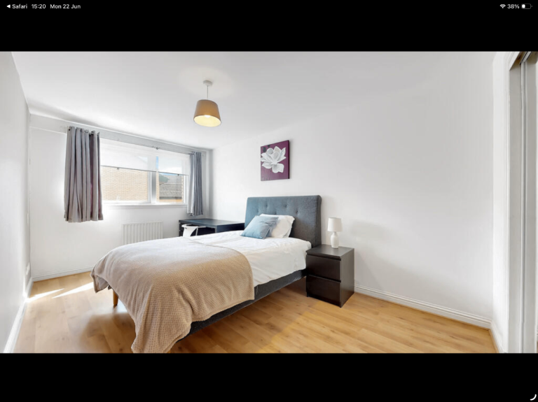 Double bed with Grey Fabric Headboard and Mattress