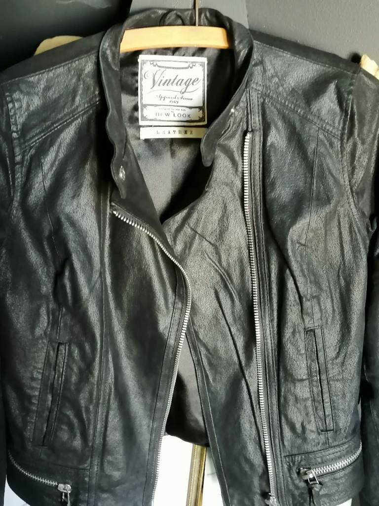 New Look Black Leather Jacket Retro Slim Fit Size 12. Great Condition