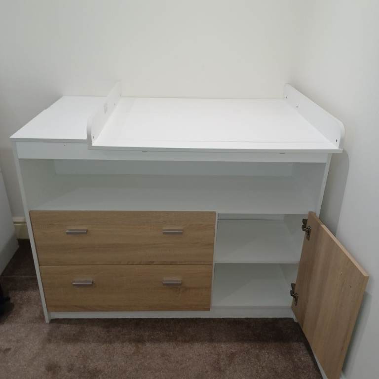 Mac + Milo White and Oak Nursery Changing Table with Storage