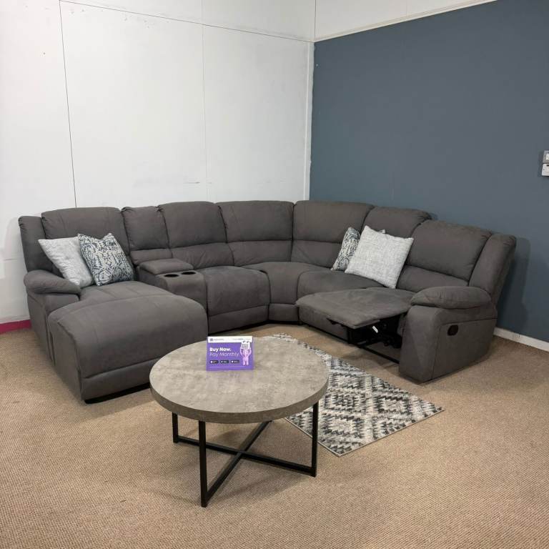 Large Grey Fabric Corner Sofa with Recliner and Chaise