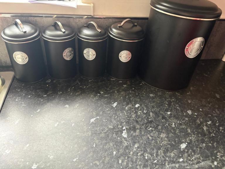 Black Metal Kitchen Canisters - Tea, Coffee, Sugar, Treat, Bread