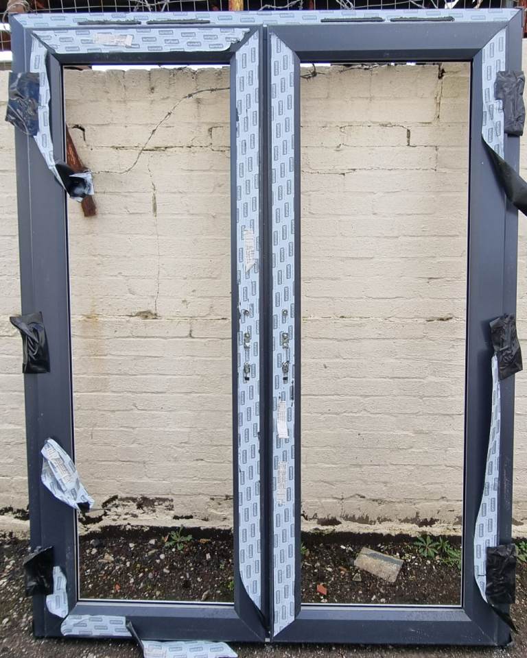 NEW Grey on White French Double Patio UPVC Door 1605mm W x 2065mm H Low Threshold Garage Office Shed