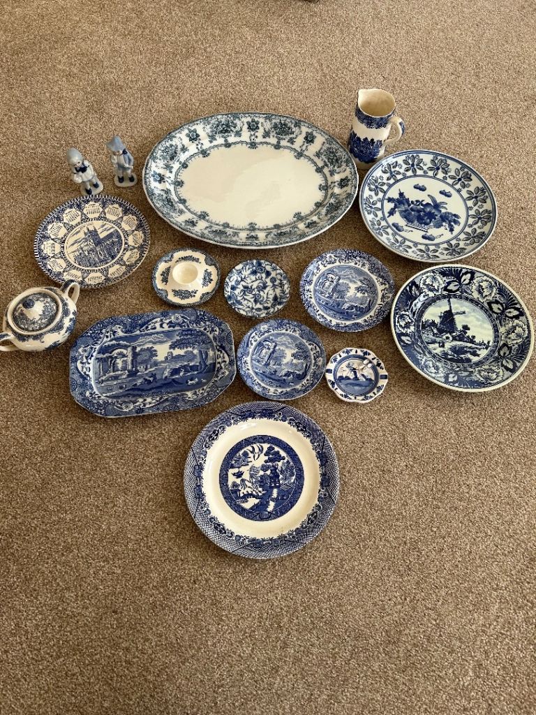 Blue and White Ceramic Dinnerware Set - Various Pieces, Good Condition