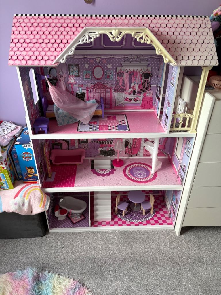 Large Wooden Dolls House with Furniture – Good Condition