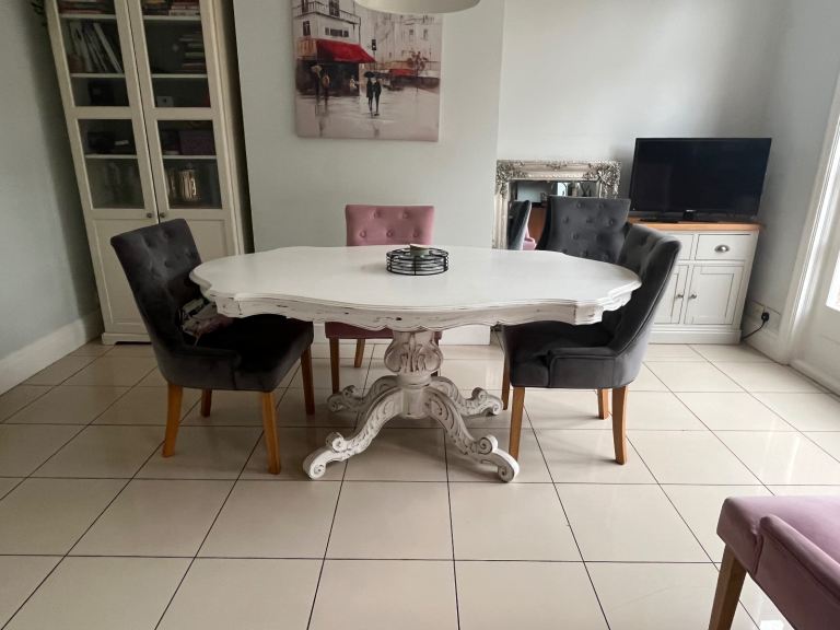 White Oval Wooden Dining Table with Carved Base - Good Condition