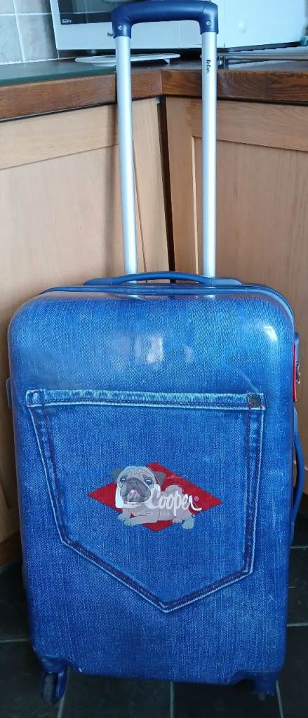 Lee Cooper French Bulldog Blue Denim Theme 4 Wheel Hard Suitcase Medium 64cm