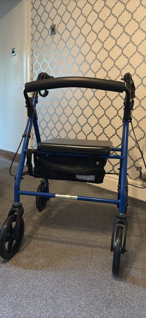 Blue Mobility Walker with Seat and Storage – Good Condition