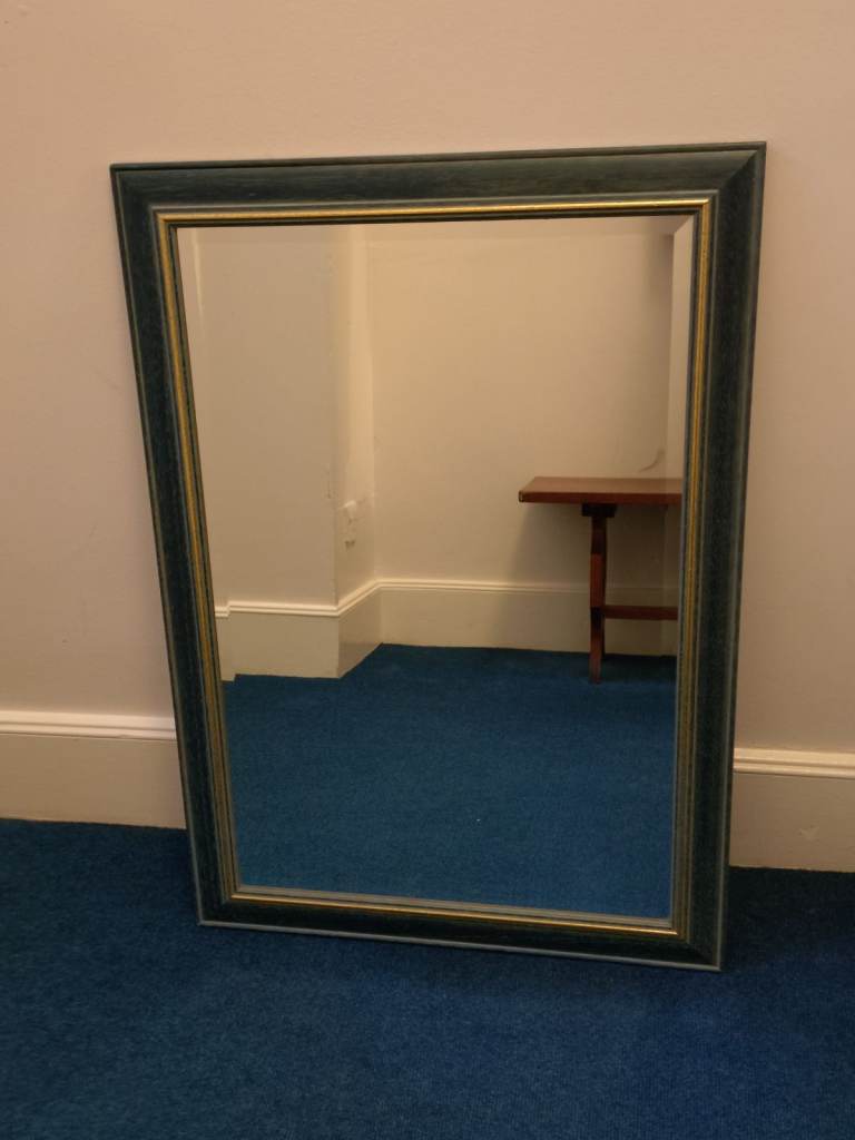Large Bevelled Mirror in Pale Blue & Gold Frame. Frame size 87cm x 61cm ...