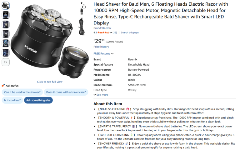 Electric Head Shaver (6 Heads) - Brand New / Never Used - Half Price