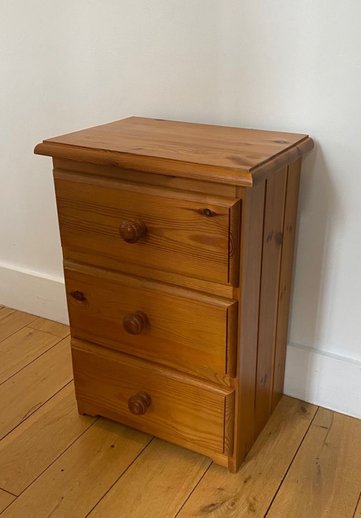 Pine Bedside Table with Three Drawers – Good Condition