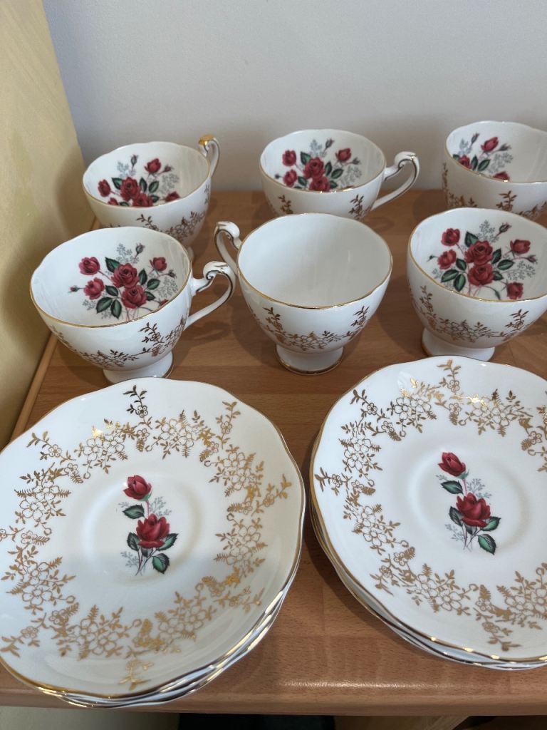 Vintage Roslyn Fine Bone China Tea Set - White with Gold & Red Rose Detail