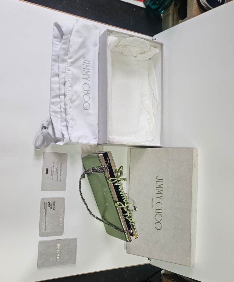 Authentic Jimmy Choo Celeste/S Crystal Evening Clutch Bag - Apple Metallic - With Cards