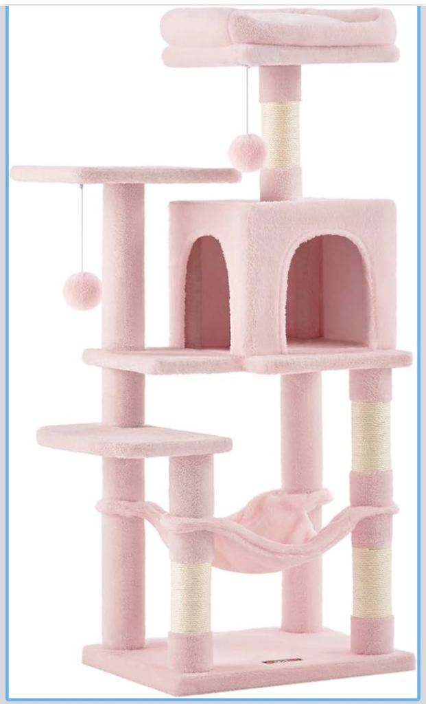 Pink Cat Tree with Scratching Posts, Hammock, and Play Balls