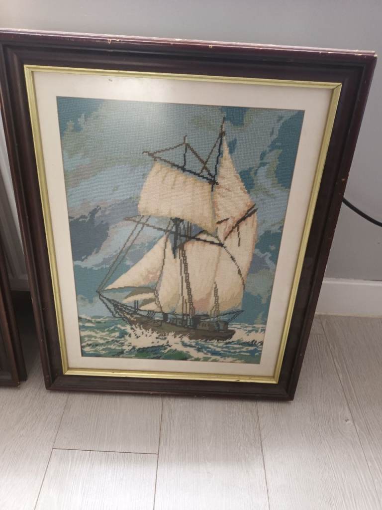 Vintage Framed Ship Cross Stitch Pictures