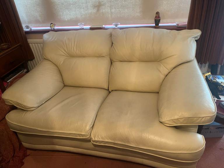 Cream Leather Two-Seater Sofa – Good Condition