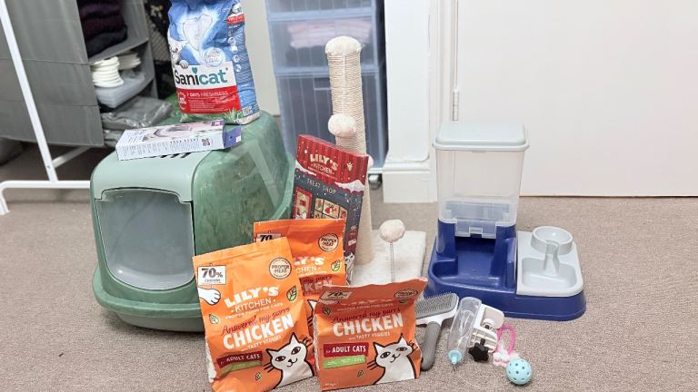 Cat bundle; Lily’s kitchen, litter box, scratch post & feeder