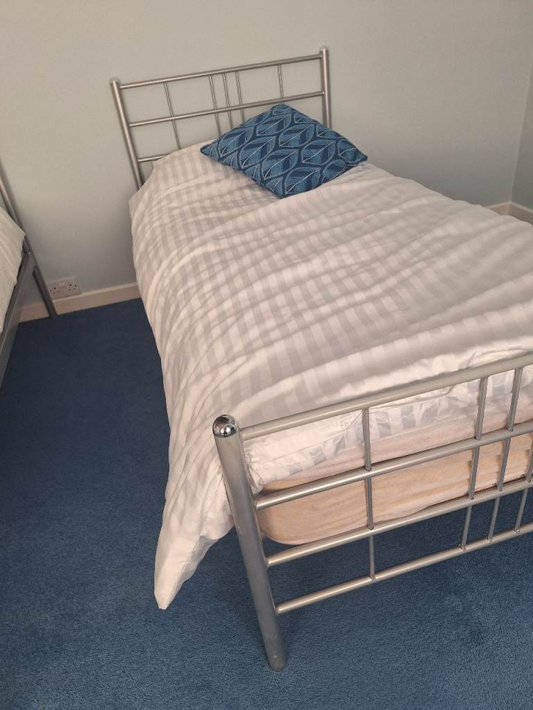 Silver Metal Single Bed Frame with Slatted Base