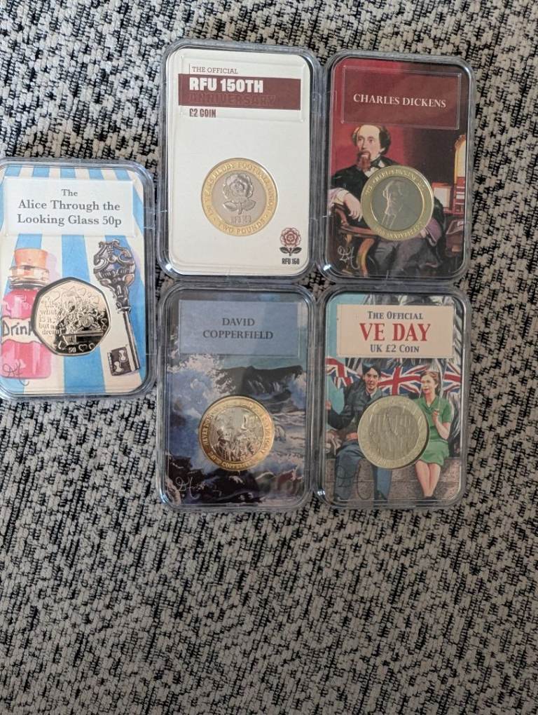 Collectable UK £2 & 50p Coins in Original Packaging – RFU, Dickens, Alice, VE Day
