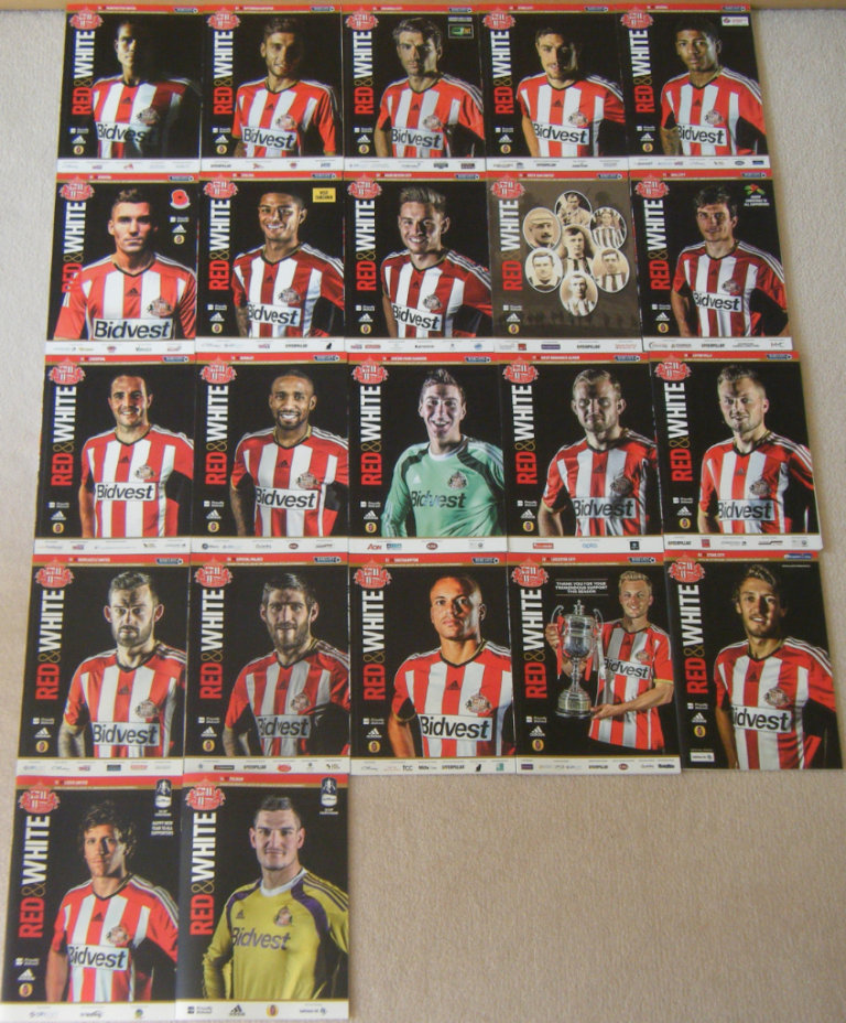 SUNDERLAND AFC MATCHDAY PROGRAMMES 2014-2015 X 22 PLUS OFFICIAL TEAM SHEETS X 22  
