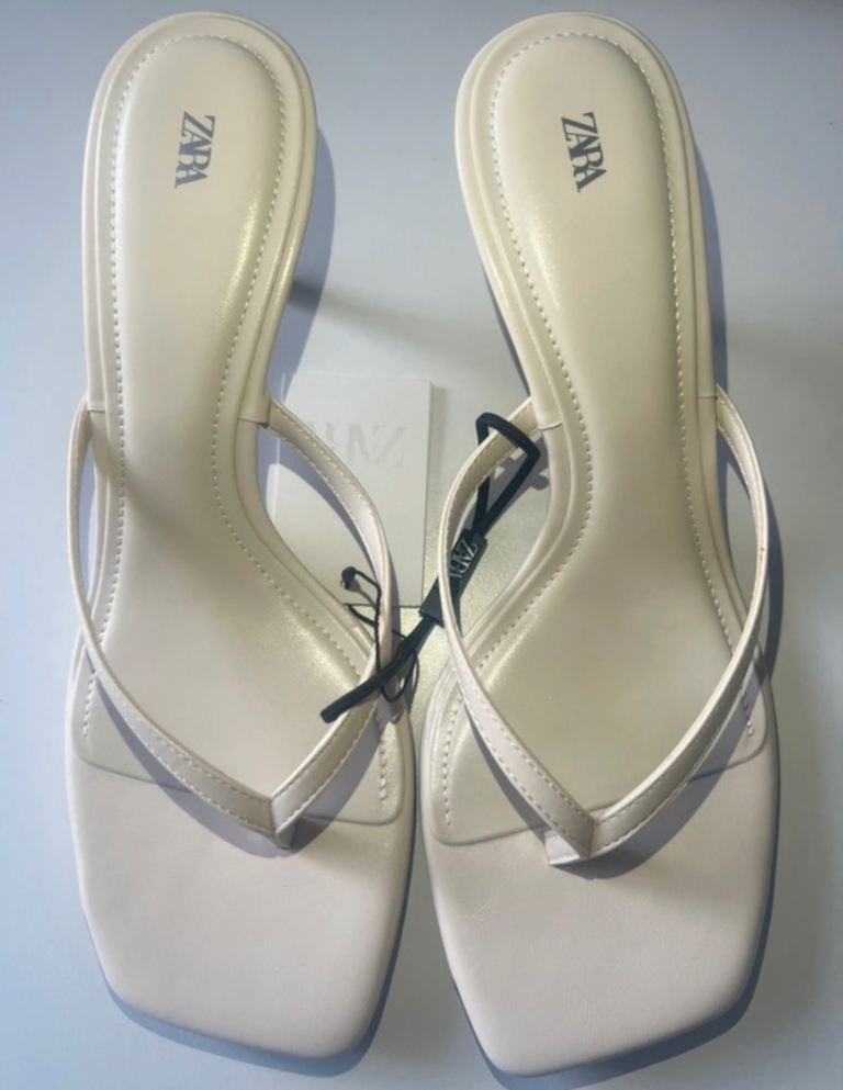 Zara Écru Leather Kitten Heel Sandals - Brand New 