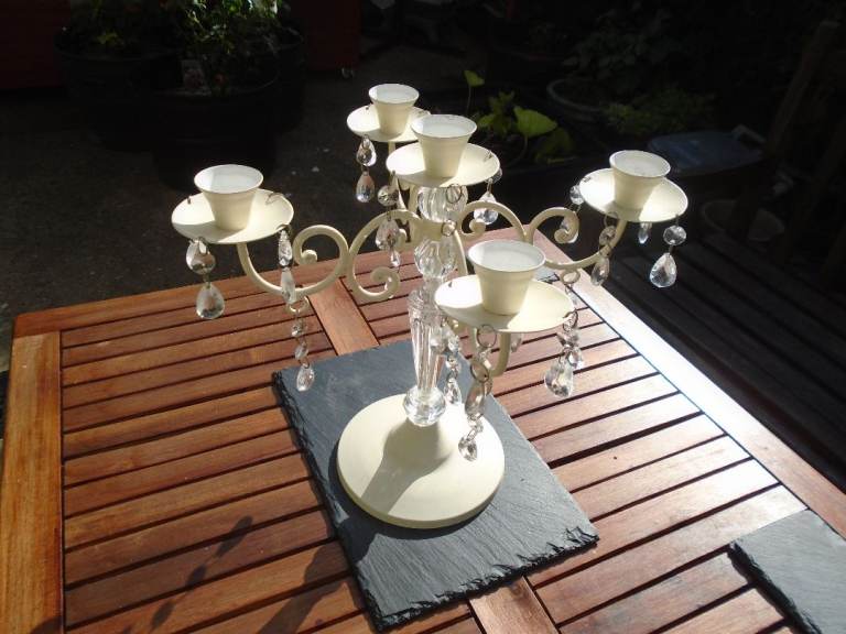 Cream Metal Candelabra with Acrylic Drops – Good Condition