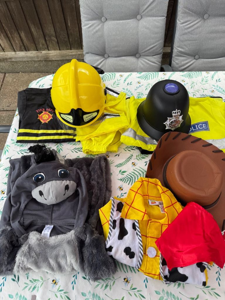 Kids Fancy Dress Costume Bundle – Fireman, Police, Cowboy, Donkey