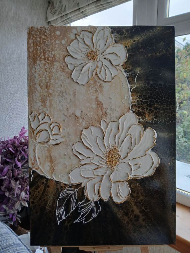 image for Sophisticated original acrylic painting with textured flowers,  large canvas,  abstract artwork 