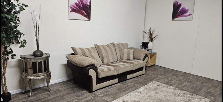 3 Seater Brown Suede & Fabric Sofa Bed Reversible Cushions Excellent Condition