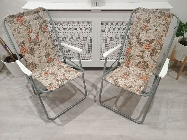 2 x Vintage Floral Folding Deck Chairs VW Camper Campervan Camping Retro Garden Set 