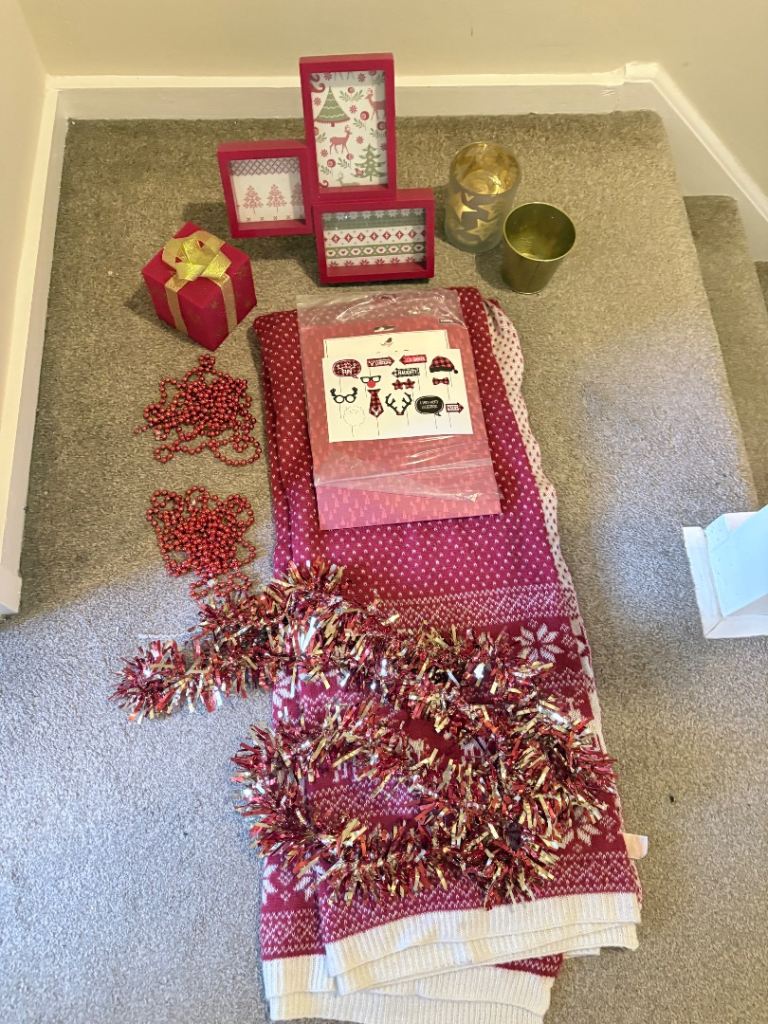 Assorted red Christmas decorations