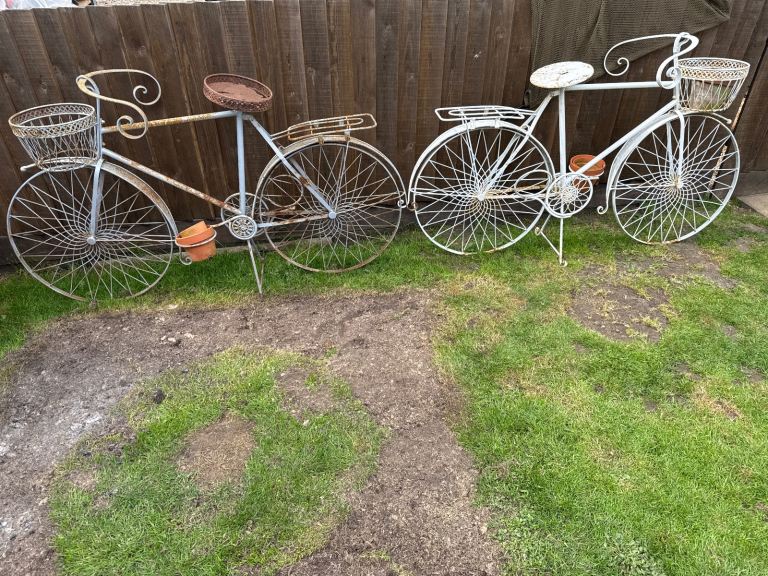 2 vintage ornate metal full size cycle garden ornaments 