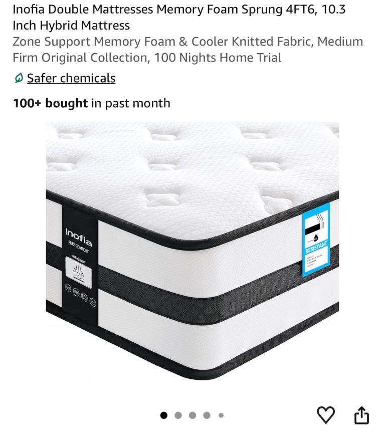 Inofia Double Mattress 4FT6 Memory Foam Sprung Hybrid 